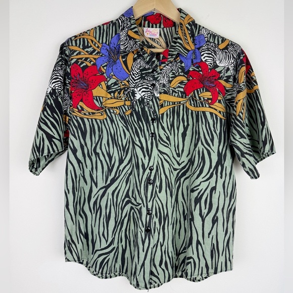 Vintage 80's Tropical Zebra Print Blouse - Picture 1 of 10